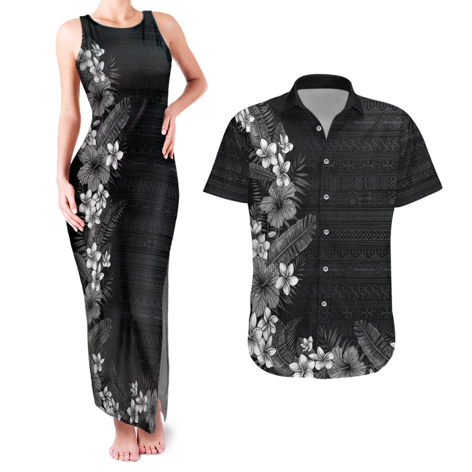 Hawaii Tropical Flowers and Leaves Couples Matching Tank Maxi Dress and Hawaiian Shirt Tapa Pattern Grayscale Mode