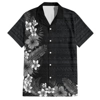 Hawaii Tropical Flowers and Leaves Family Matching Off The Shoulder Long Sleeve Dress and Hawaiian Shirt Tapa Pattern Grayscale Mode