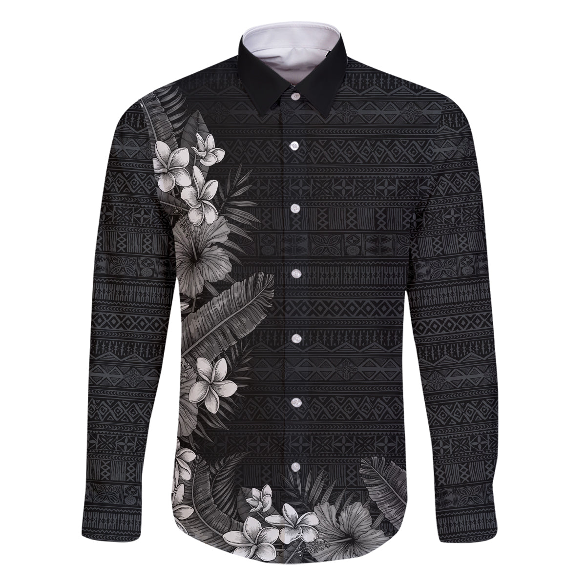 Hawaii Tropical Flowers and Leaves Family Matching Puletasi and Hawaiian Shirt Tapa Pattern Grayscale Mode