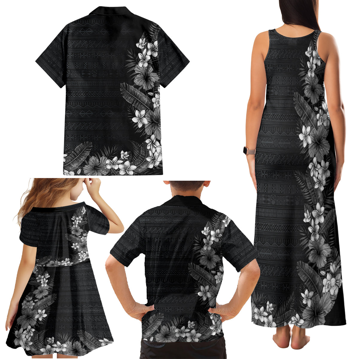 Hawaii Tropical Flowers and Leaves Family Matching Tank Maxi Dress and Hawaiian Shirt Tapa Pattern Grayscale Mode