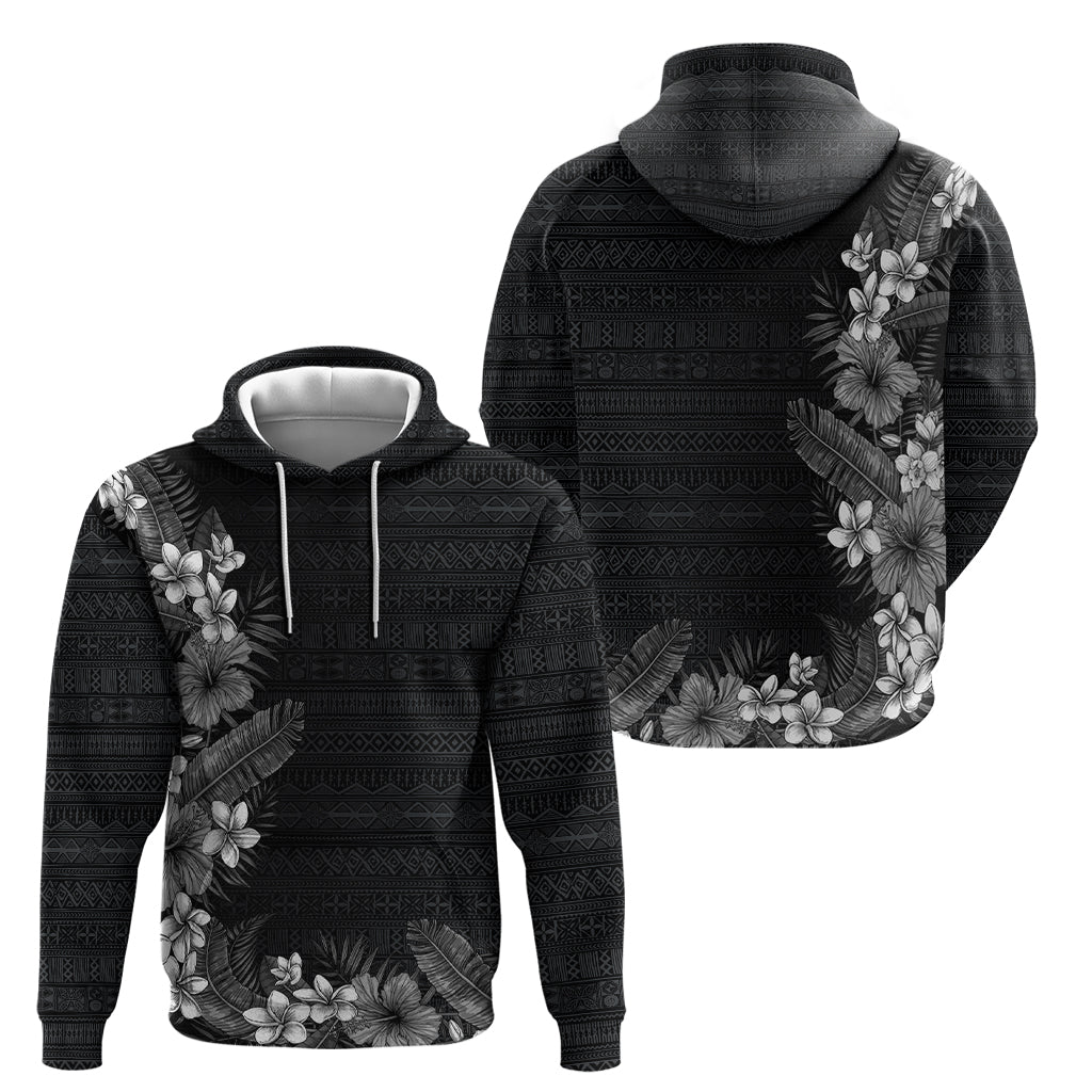 Hawaii Tropical Flowers and Leaves Hoodie Tapa Pattern Grayscale Mode