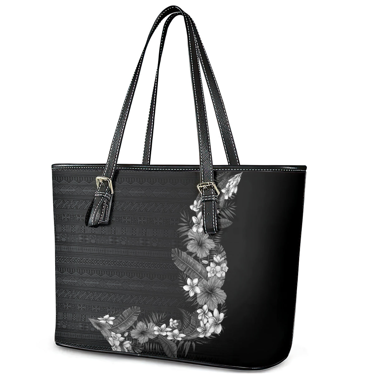 Hawaii Tropical Flowers and Leaves Leather Tote Bag Tapa Pattern Grayscale Mode