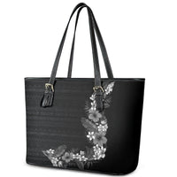 Hawaii Tropical Flowers and Leaves Leather Tote Bag Tapa Pattern Grayscale Mode