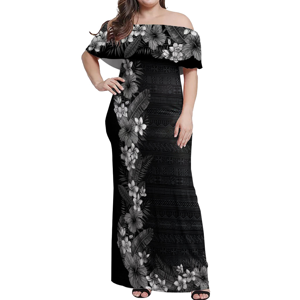 Hawaii Tropical Flowers and Leaves Off Shoulder Maxi Dress Tapa Pattern Grayscale Mode