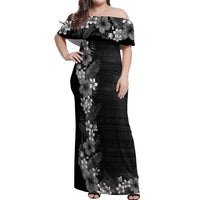 Hawaii Tropical Flowers and Leaves Off Shoulder Maxi Dress Tapa Pattern Grayscale Mode