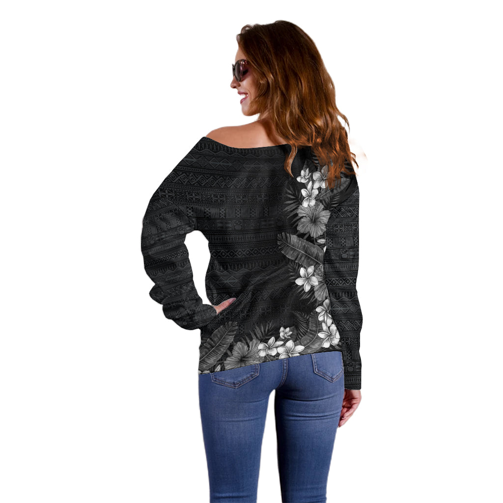 Hawaii Tropical Flowers and Leaves Off Shoulder Sweater Tapa Pattern Grayscale Mode