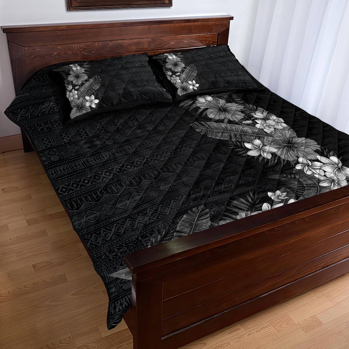 Hawaii Tropical Flowers and Leaves Quilt Bed Set Tapa Pattern Grayscale Mode