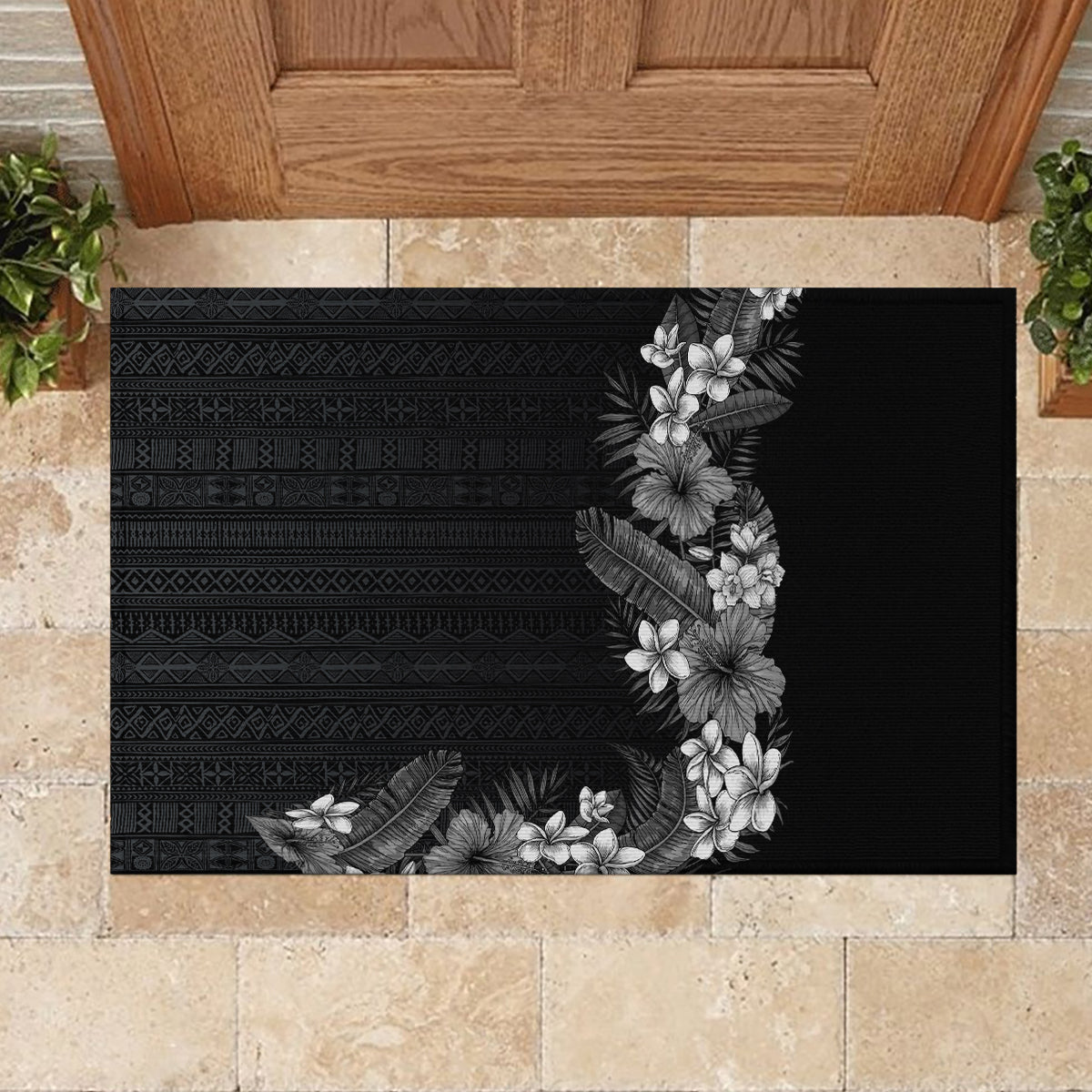 Hawaii Tropical Flowers and Leaves Rubber Doormat Tapa Pattern Grayscale Mode