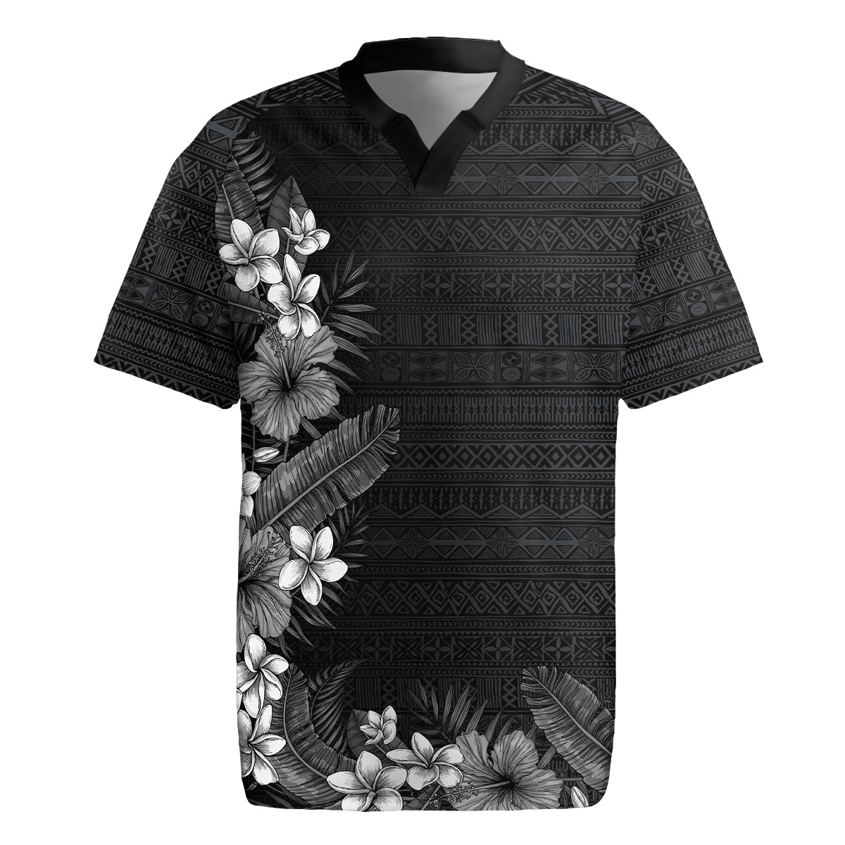 Hawaii Tropical Flowers and Leaves Rugby Jersey Tapa Pattern Grayscale Mode