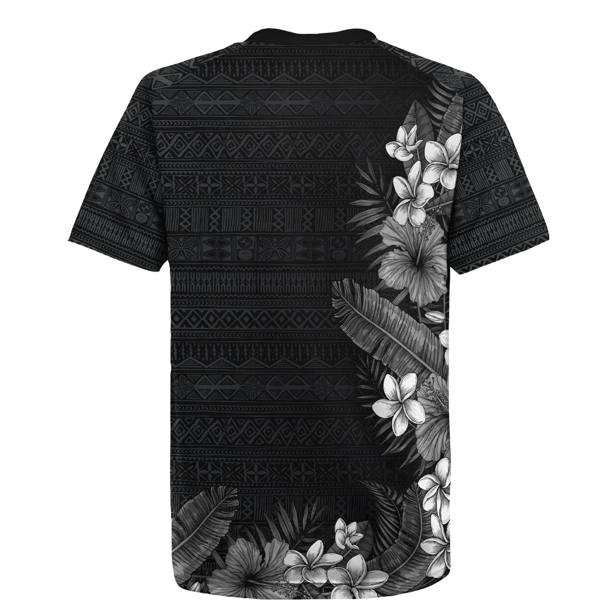 Hawaii Tropical Flowers and Leaves Rugby Jersey Tapa Pattern Grayscale Mode