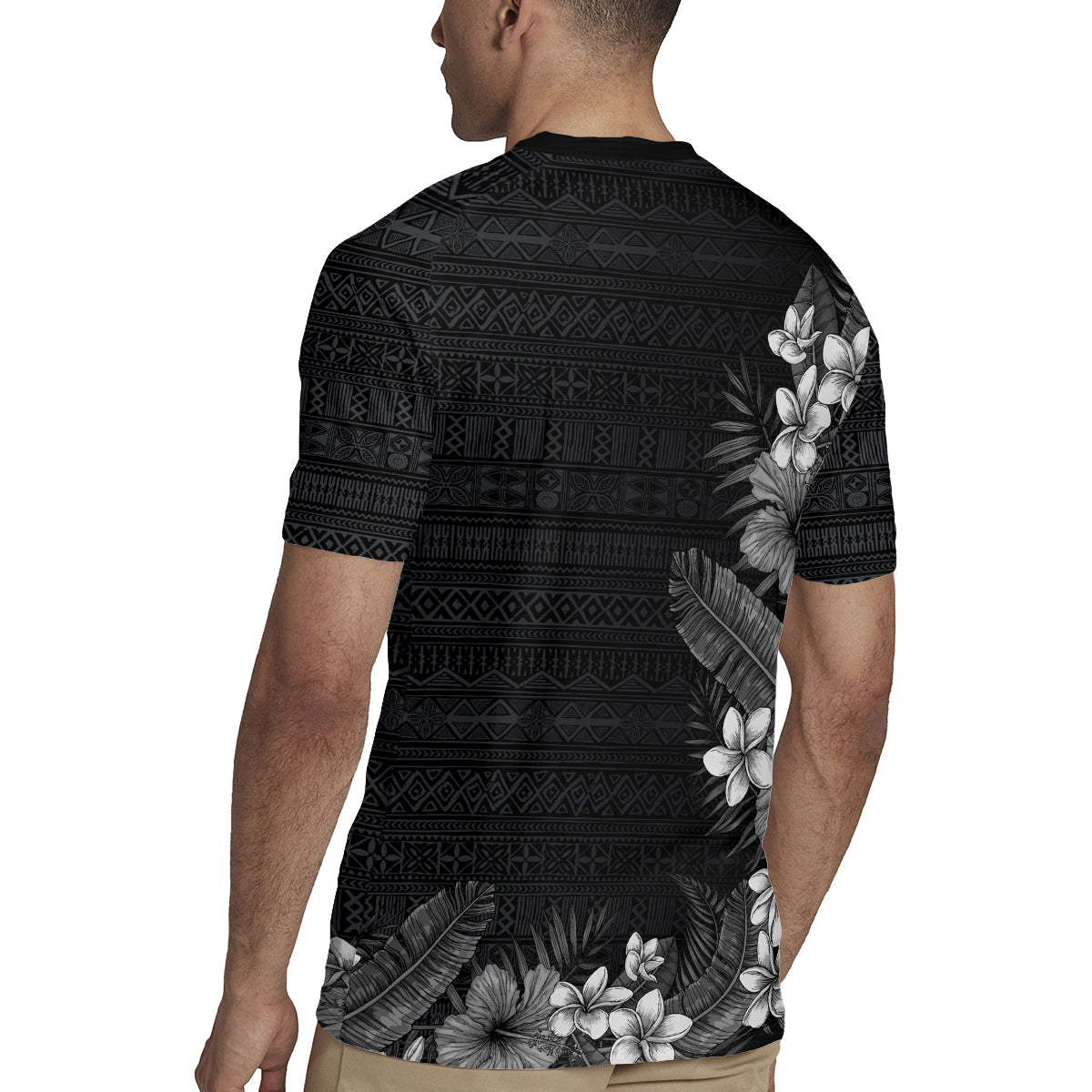 Hawaii Tropical Flowers and Leaves Rugby Jersey Tapa Pattern Grayscale Mode