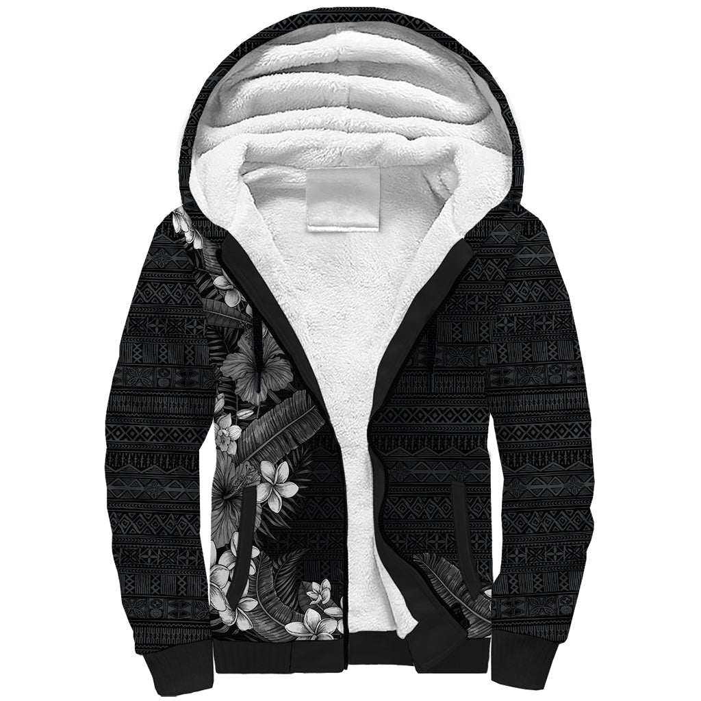 Hawaii Tropical Flowers and Leaves Sherpa Hoodie Tapa Pattern Grayscale Mode