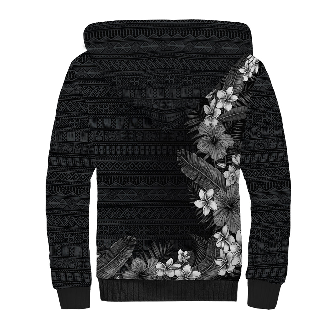 Hawaii Tropical Flowers and Leaves Sherpa Hoodie Tapa Pattern Grayscale Mode