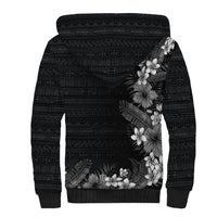 Hawaii Tropical Flowers and Leaves Sherpa Hoodie Tapa Pattern Grayscale Mode
