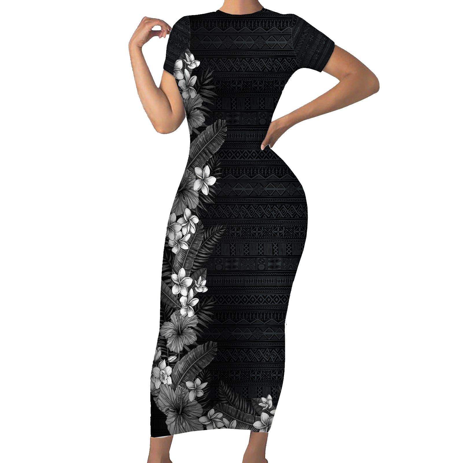 Hawaii Tropical Flowers and Leaves Short Sleeve Bodycon Dress Tapa Pattern Grayscale Mode