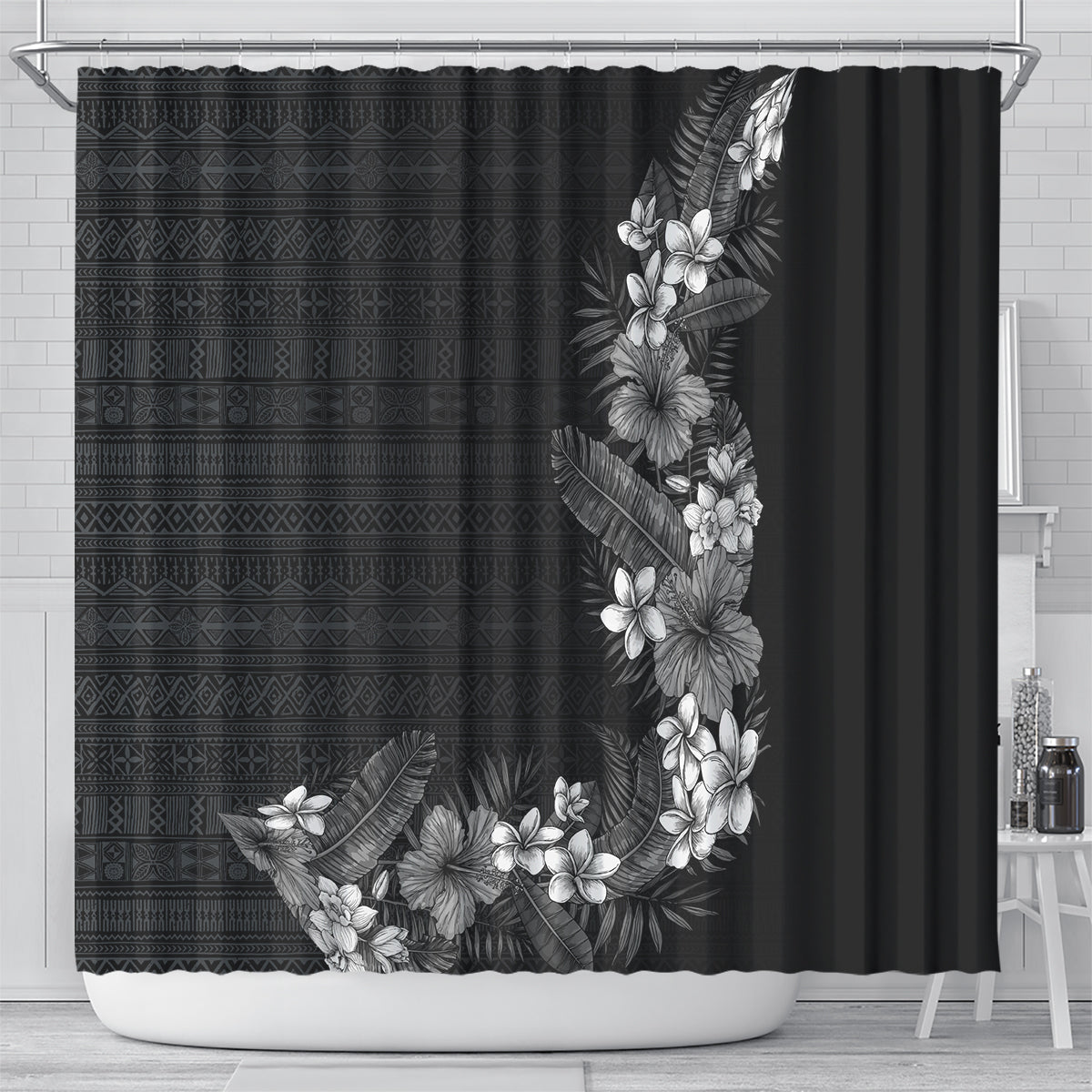 Hawaii Tropical Flowers and Leaves Shower Curtain Tapa Pattern Grayscale Mode