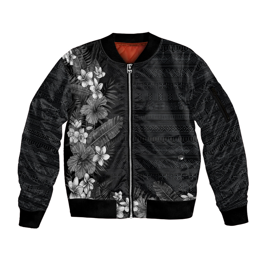 Hawaii Tropical Flowers and Leaves Sleeve Zip Bomber Jacket Tapa Pattern Grayscale Mode