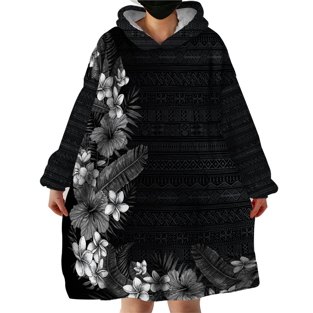 Hawaii Tropical Flowers and Leaves Wearable Blanket Hoodie Tapa Pattern Grayscale Mode