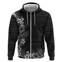 Hawaii Tropical Flowers and Leaves Zip Hoodie Tapa Pattern Grayscale Mode