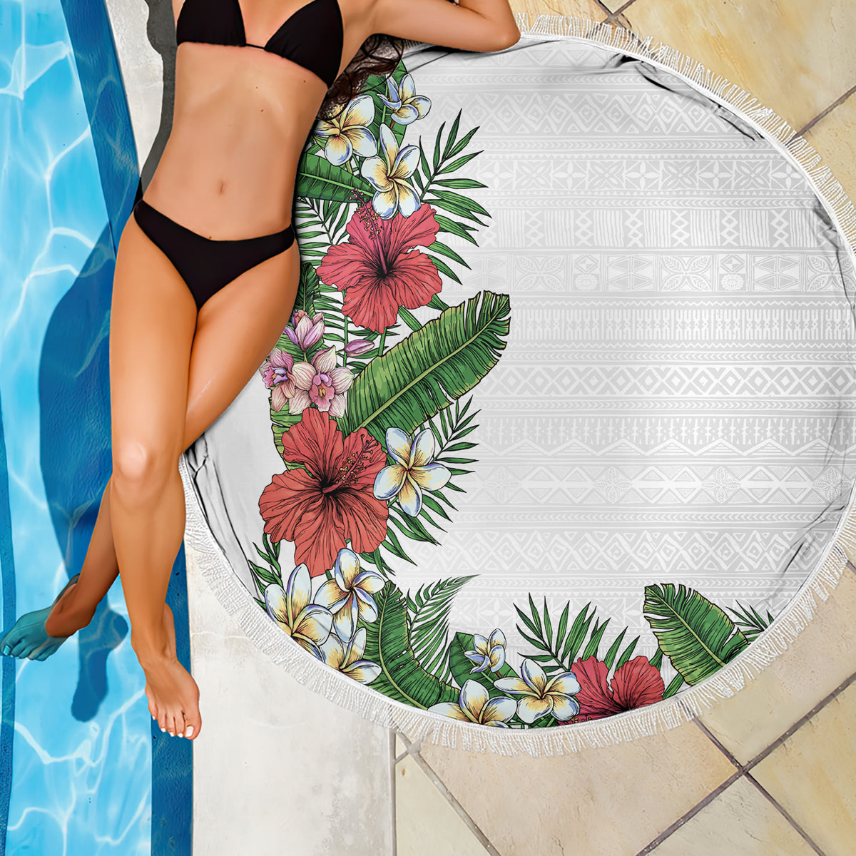 Hawaii Tropical Flowers and Leaves Beach Blanket Tapa Pattern White Mode