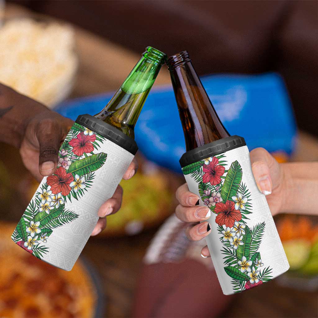 Hawaii Tropical Flowers and Leaves 4 in 1 Can Cooler Tumbler Tapa Pattern White Mode