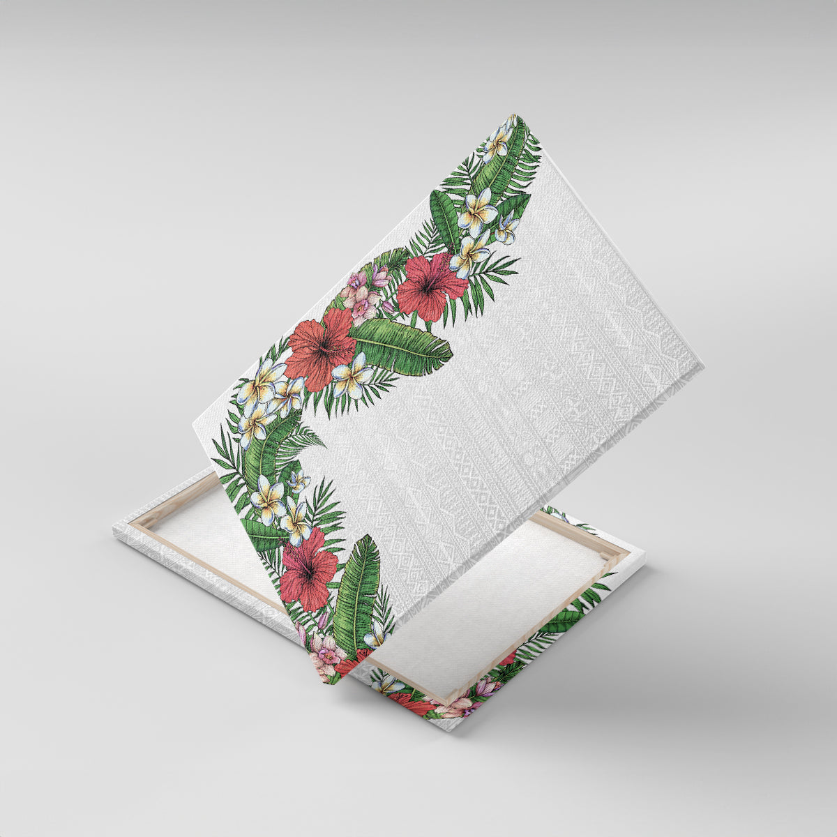 Hawaii Tropical Flowers and Leaves Canvas Wall Art Tapa Pattern White Mode