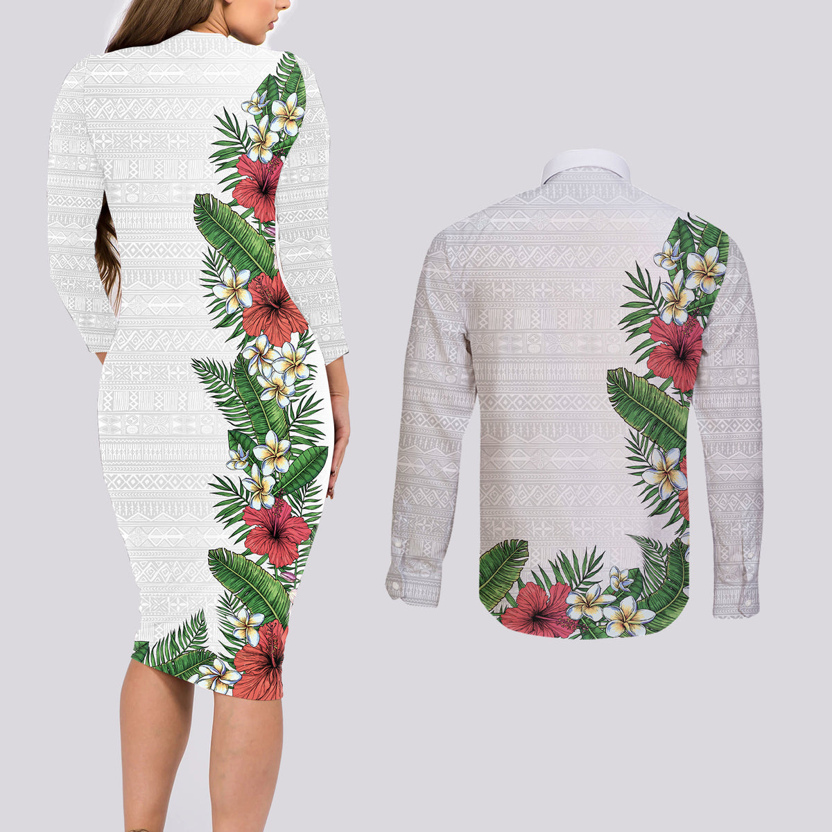 Hawaii Tropical Flowers and Leaves Couples Matching Long Sleeve Bodycon Dress and Long Sleeve Button Shirt Tapa Pattern White Mode