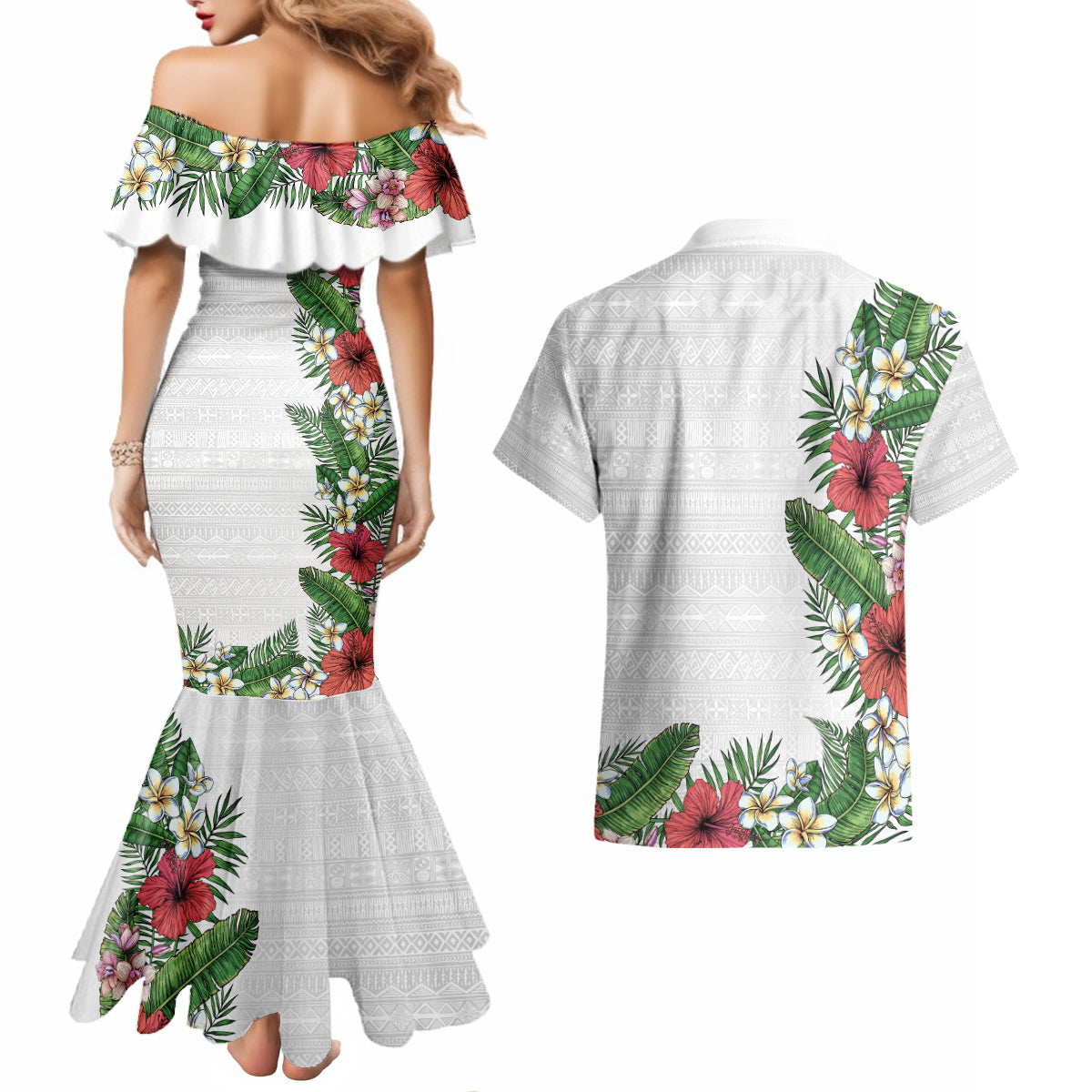 Hawaii Tropical Flowers and Leaves Couples Matching Mermaid Dress and Hawaiian Shirt Tapa Pattern White Mode