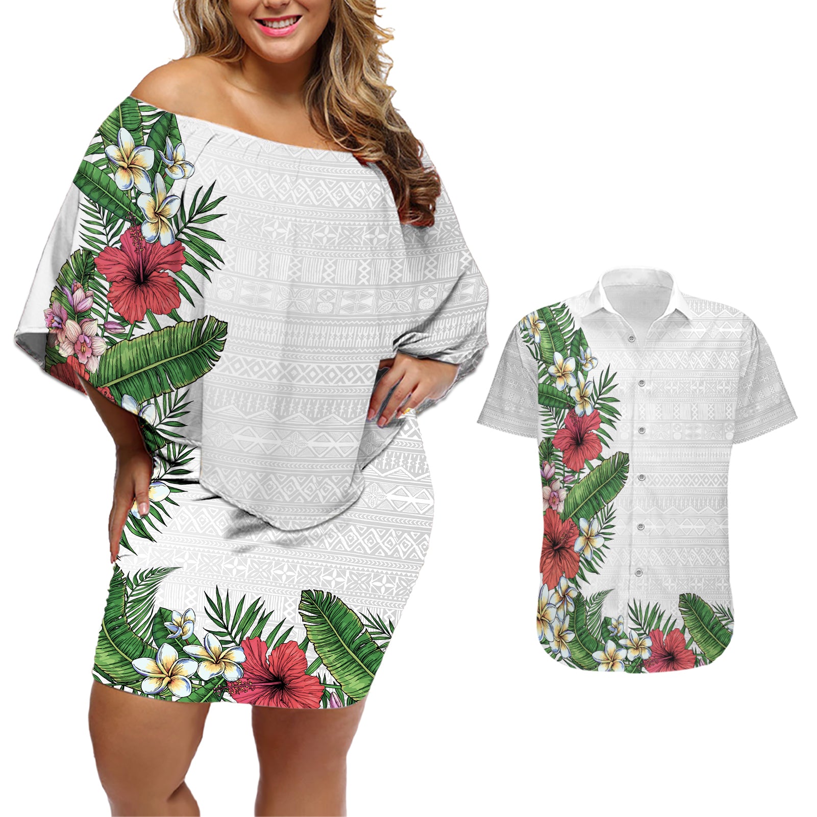 Hawaii Tropical Flowers and Leaves Couples Matching Off Shoulder Short Dress and Hawaiian Shirt Tapa Pattern White Mode