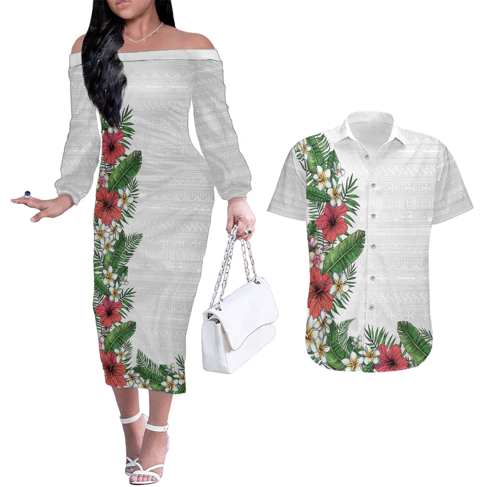 Hawaii Tropical Flowers and Leaves Couples Matching Off The Shoulder Long Sleeve Dress and Hawaiian Shirt Tapa Pattern White Mode