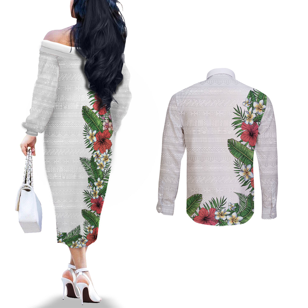 Hawaii Tropical Flowers and Leaves Couples Matching Off The Shoulder Long Sleeve Dress and Long Sleeve Button Shirt Tapa Pattern White Mode