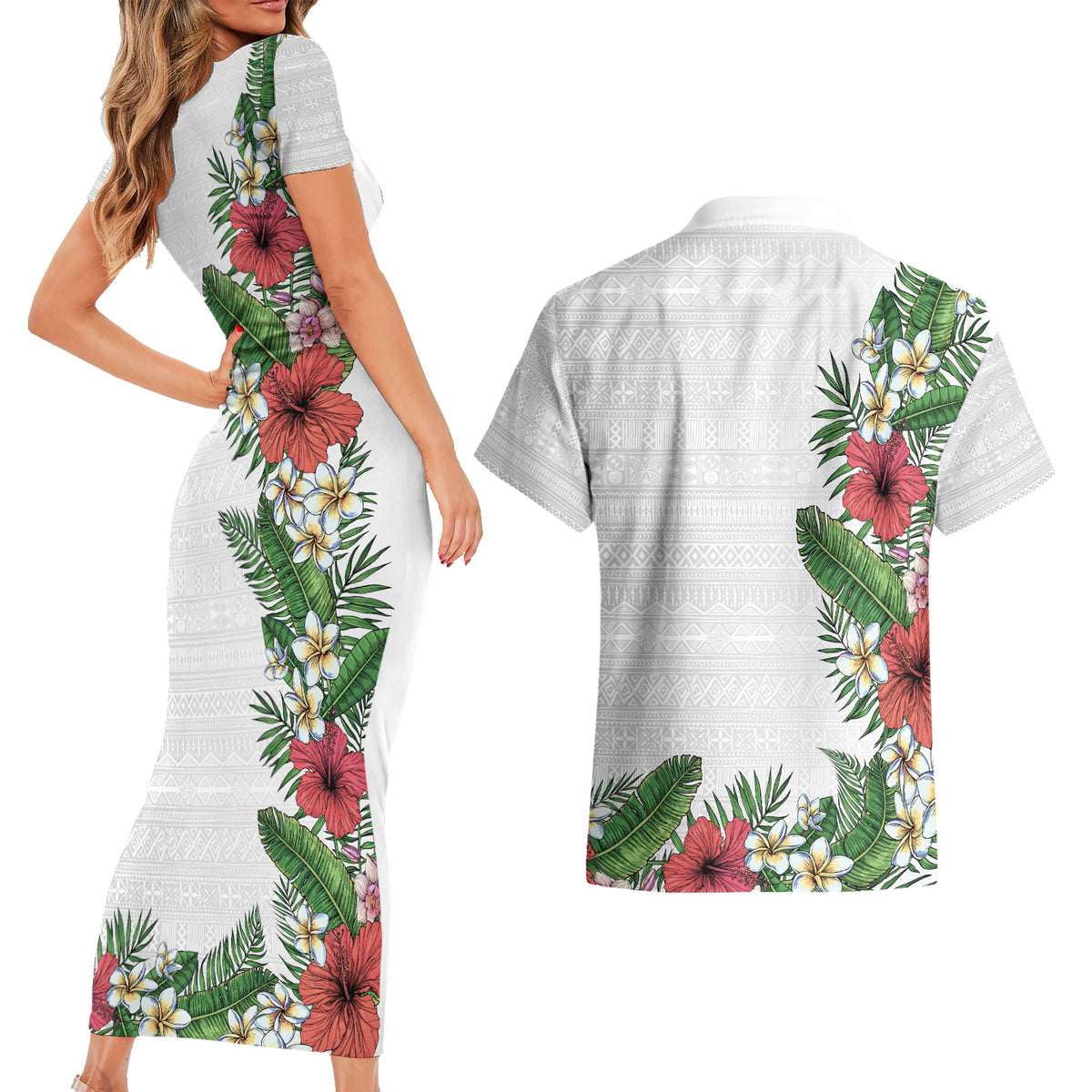 Hawaii Tropical Flowers and Leaves Couples Matching Short Sleeve Bodycon Dress and Hawaiian Shirt Tapa Pattern White Mode