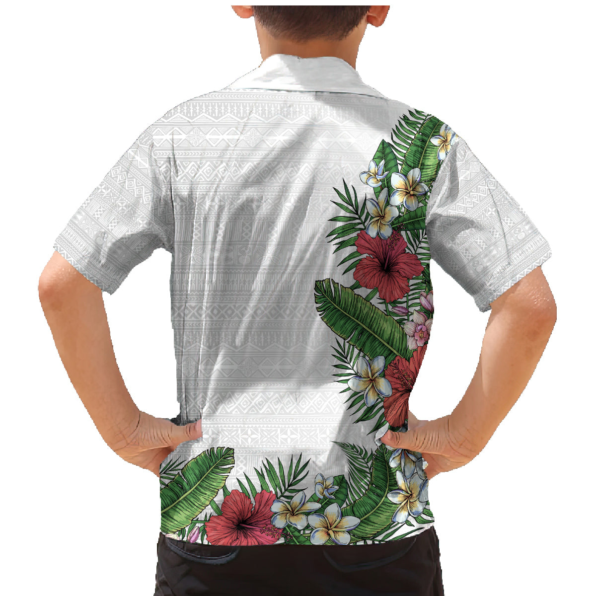 Hawaii Tropical Flowers and Leaves Family Matching Mermaid Dress and Hawaiian Shirt Tapa Pattern White Mode