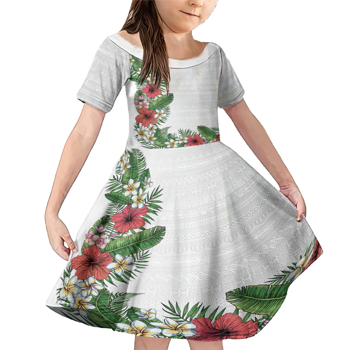 Hawaii Tropical Flowers and Leaves Family Matching Mermaid Dress and Hawaiian Shirt Tapa Pattern White Mode