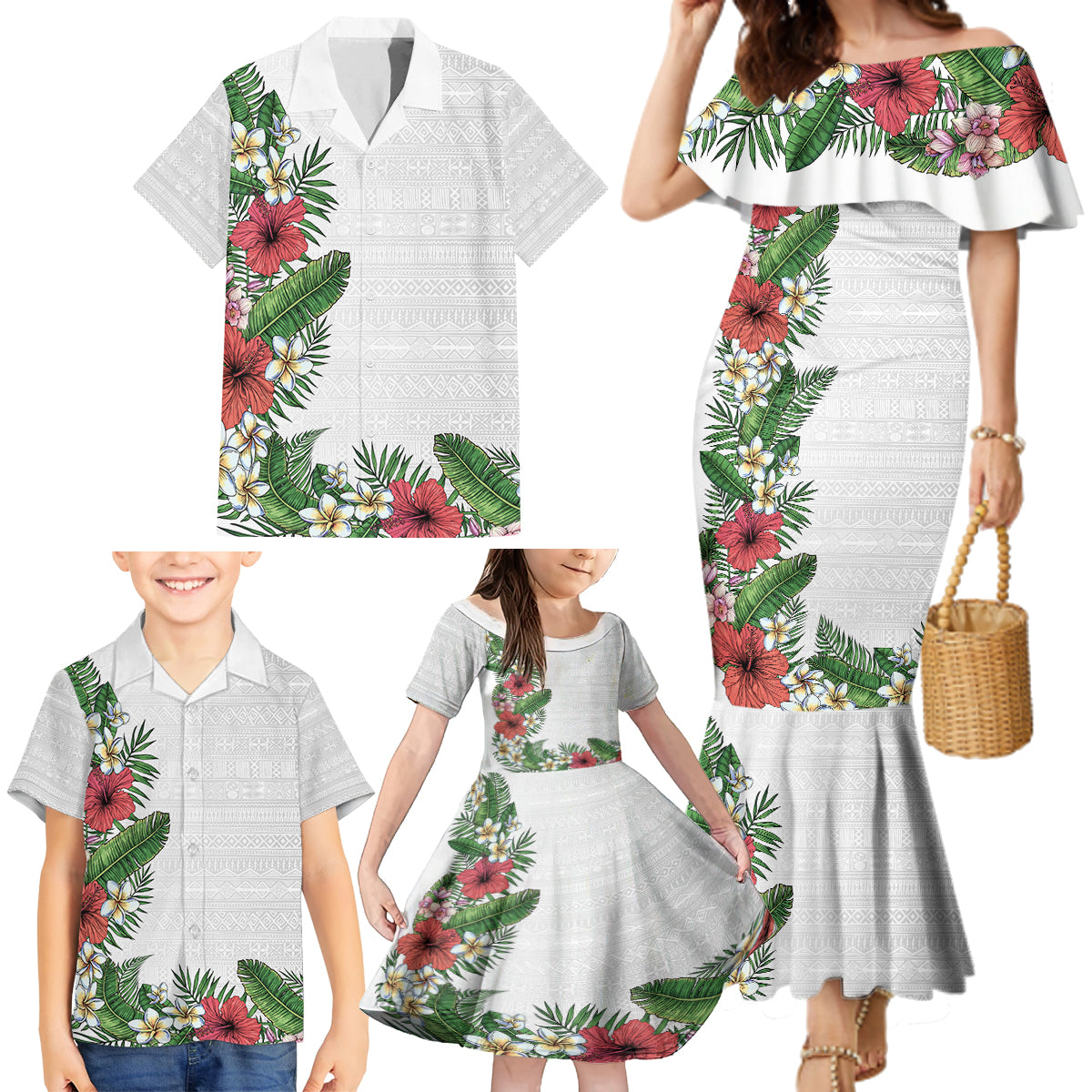 Hawaii Tropical Flowers and Leaves Family Matching Mermaid Dress and Hawaiian Shirt Tapa Pattern White Mode