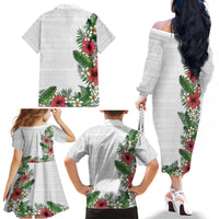 Hawaii Tropical Flowers and Leaves Family Matching Off The Shoulder Long Sleeve Dress and Hawaiian Shirt Tapa Pattern White Mode