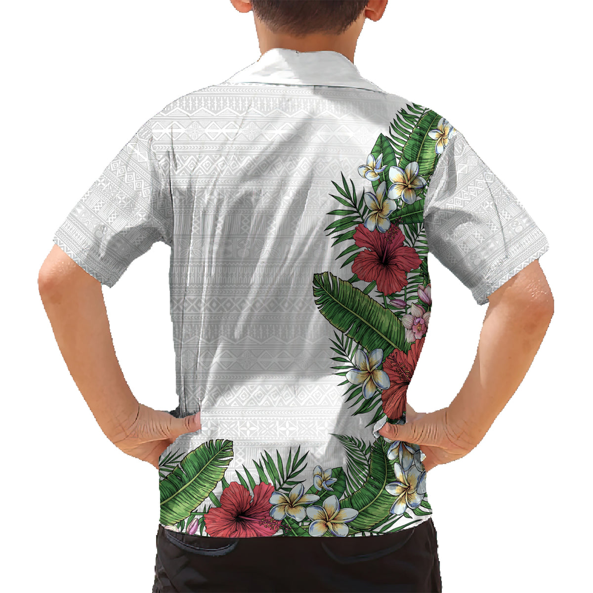 Hawaii Tropical Flowers and Leaves Family Matching Short Sleeve Bodycon Dress and Hawaiian Shirt Tapa Pattern White Mode