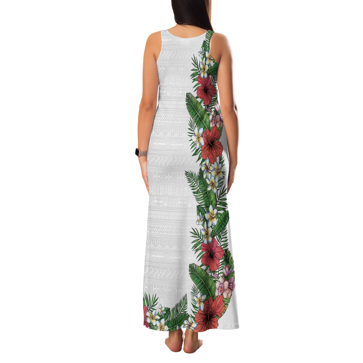 Hawaii Tropical Flowers and Leaves Family Matching Tank Maxi Dress and Hawaiian Shirt Tapa Pattern White Mode