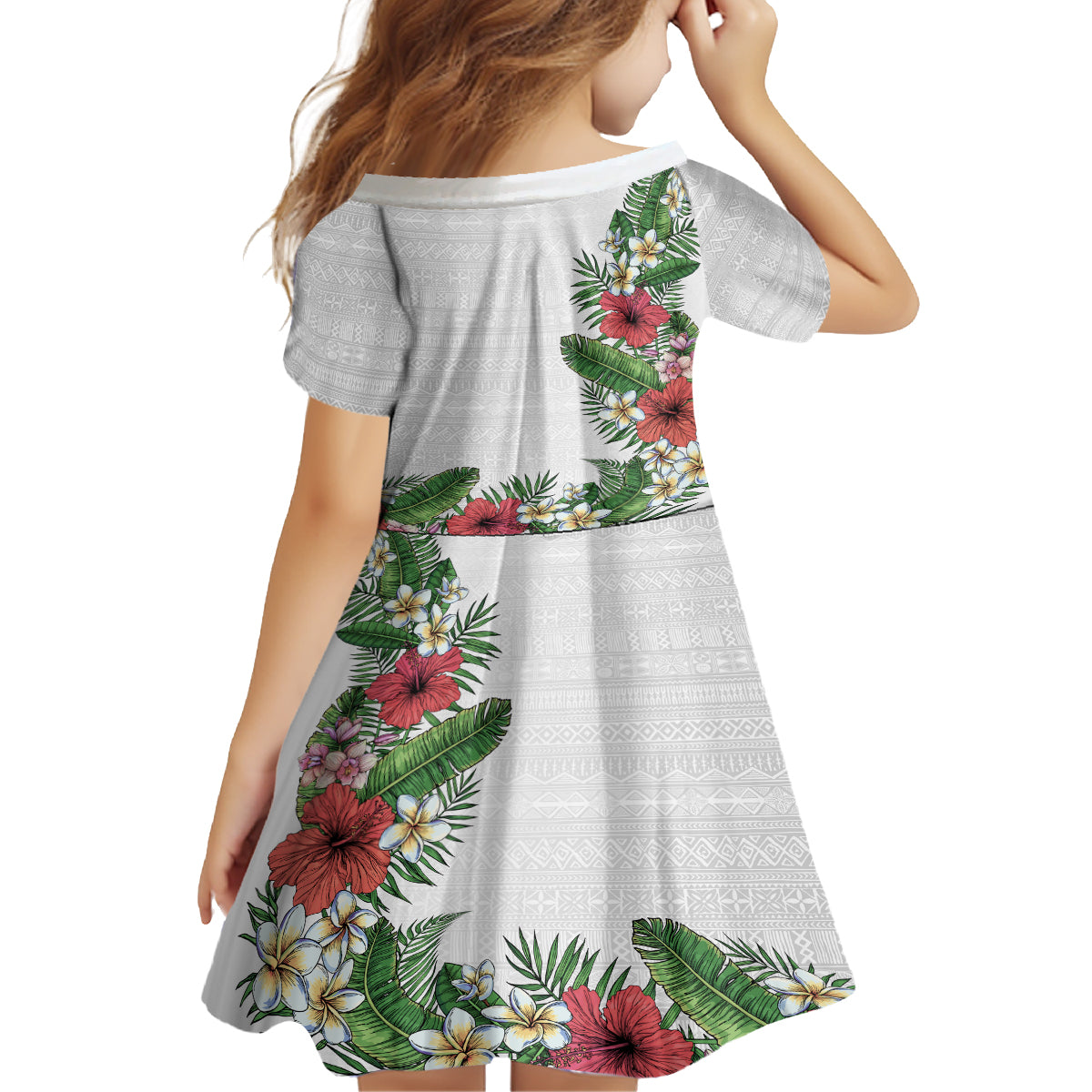 Hawaii Tropical Flowers and Leaves Kid Short Sleeve Dress Tapa Pattern White Mode