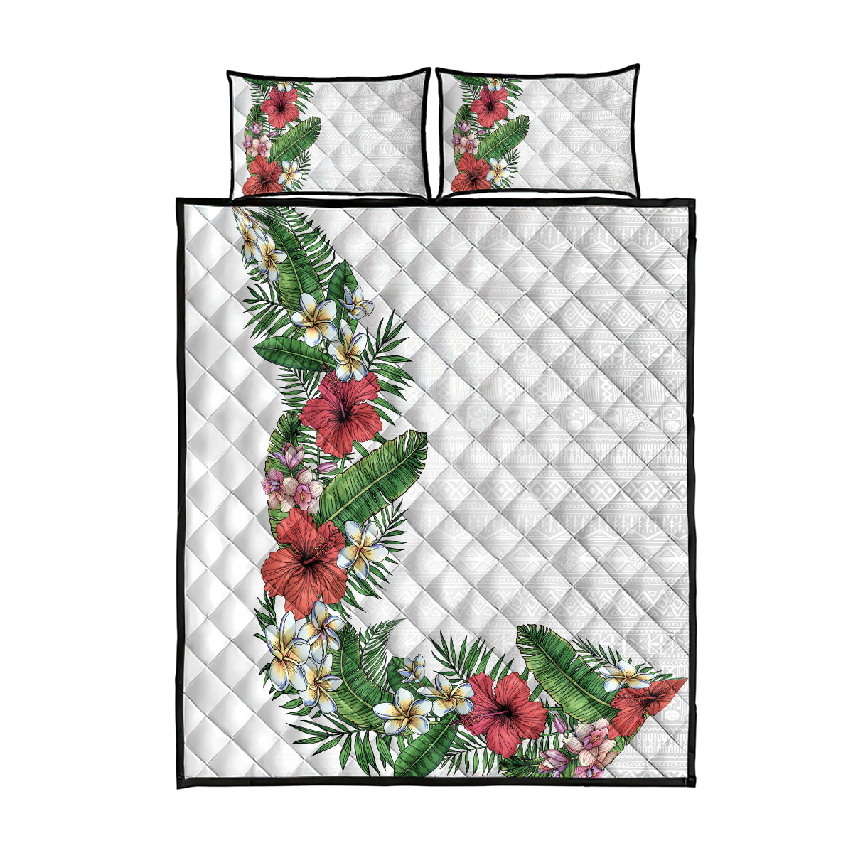 Hawaii Tropical Flowers and Leaves Quilt Bed Set Tapa Pattern White Mode