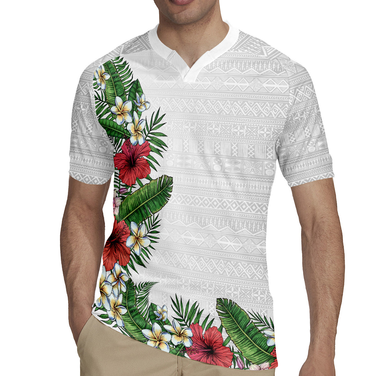 Hawaii Tropical Flowers and Leaves Rugby Jersey Tapa Pattern White Mode