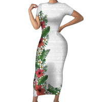 Hawaii Tropical Flowers and Leaves Short Sleeve Bodycon Dress Tapa Pattern White Mode