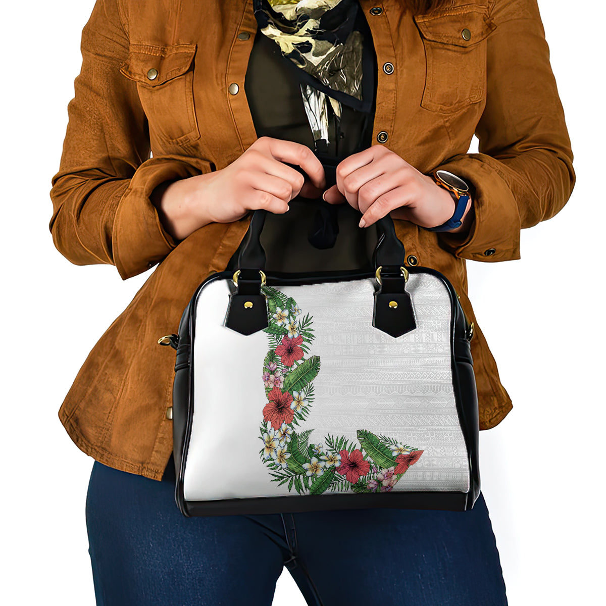 Hawaii Tropical Flowers and Leaves Shoulder Handbag Tapa Pattern White Mode