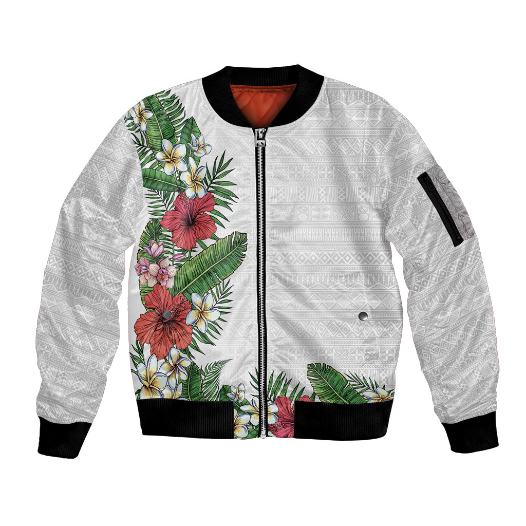 Hawaii Tropical Flowers and Leaves Sleeve Zip Bomber Jacket Tapa Pattern White Mode