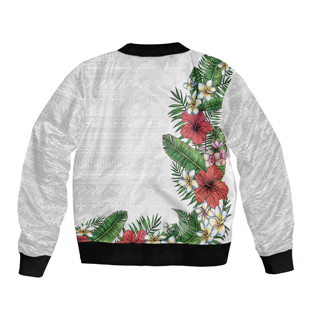 Hawaii Tropical Flowers and Leaves Sleeve Zip Bomber Jacket Tapa Pattern White Mode