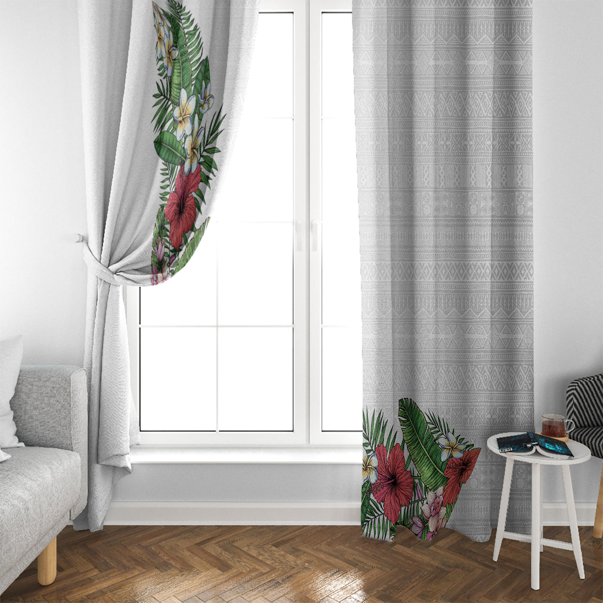 Hawaii Tropical Flowers and Leaves Window Curtain Tapa Pattern White Mode