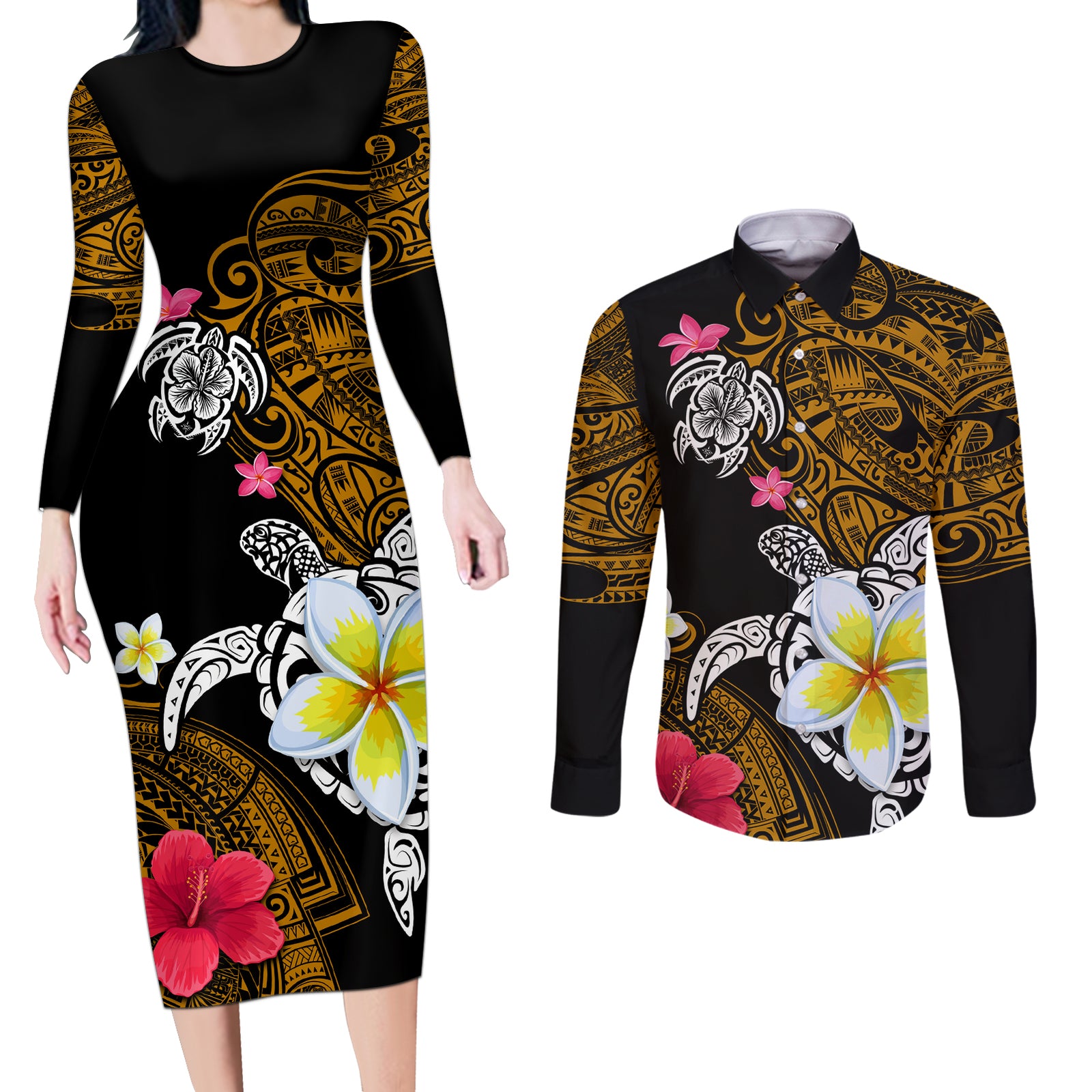 Hawaii Turtle and Tropical Flower Couples Matching Long Sleeve Bodycon Dress and Long Sleeve Button Shirt Polynesian Pattern