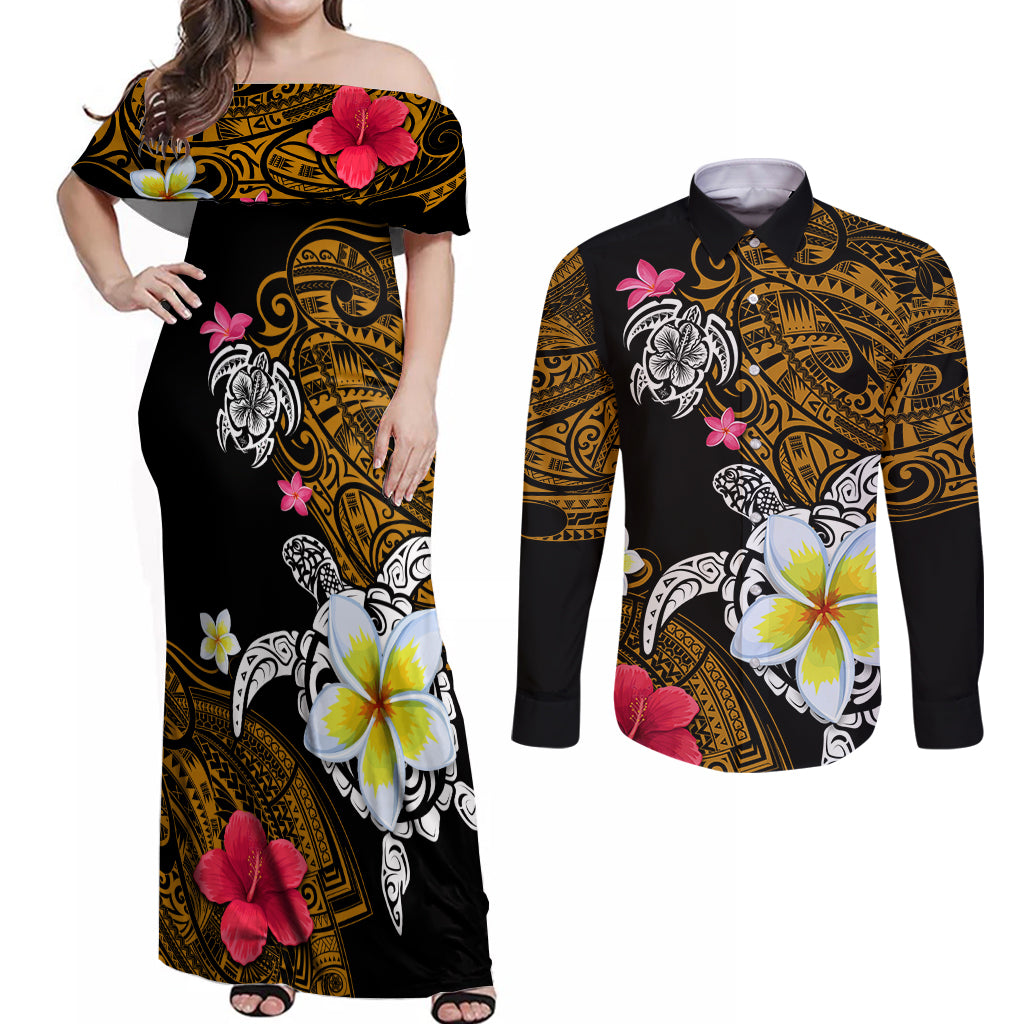 Hawaii Turtle and Tropical Flower Couples Matching Off Shoulder Maxi Dress and Long Sleeve Button Shirt Polynesian Pattern