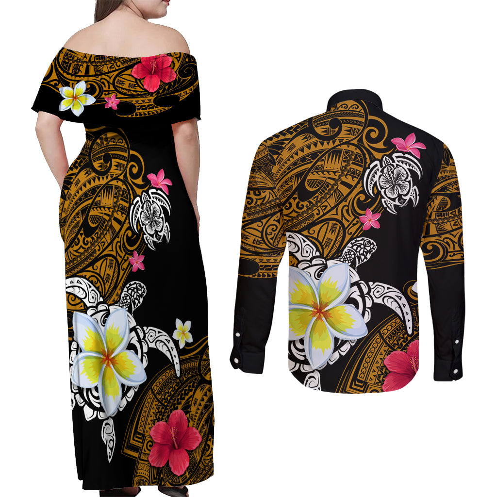 Hawaii Turtle and Tropical Flower Couples Matching Off Shoulder Maxi Dress and Long Sleeve Button Shirt Polynesian Pattern