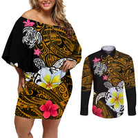 Hawaii Turtle and Tropical Flower Couples Matching Off Shoulder Short Dress and Long Sleeve Button Shirt Polynesian Pattern